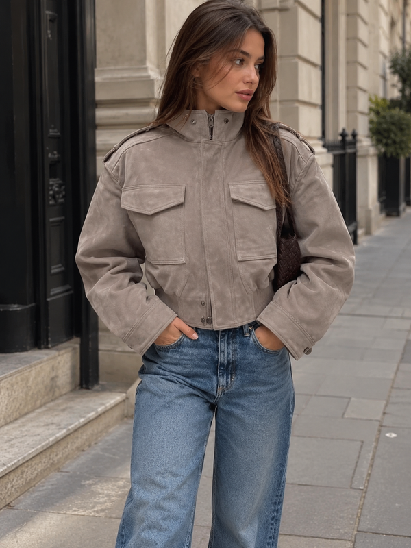 Yvette Stand-Collar Zip Faux Suede Short Jacket