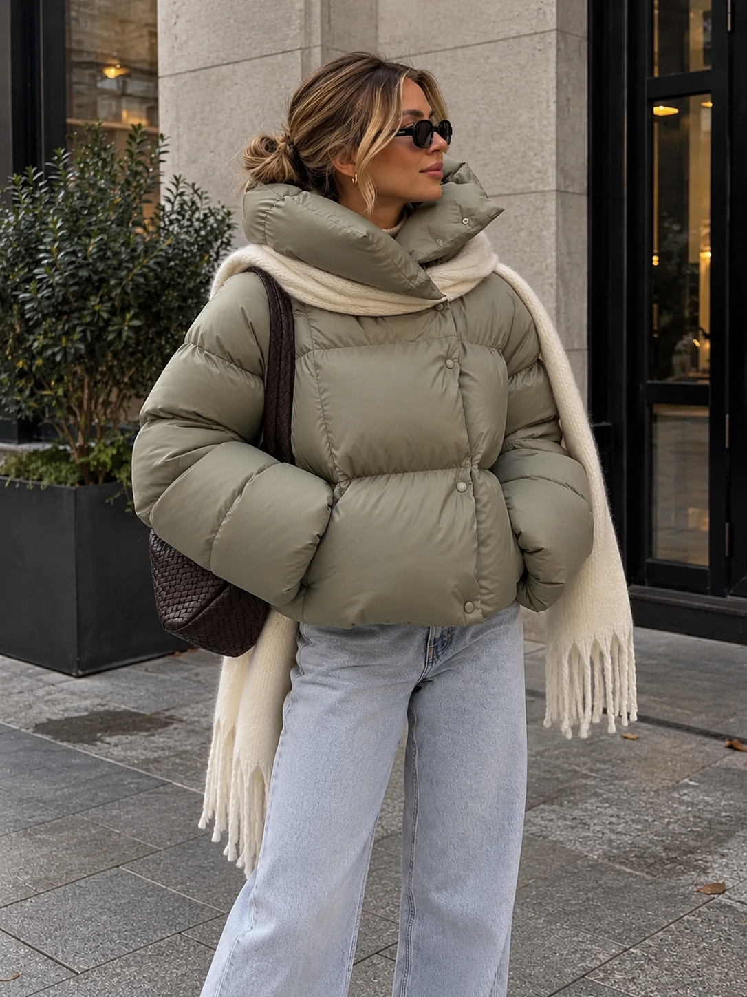 Olive high-collar hooded puffer jacket with front buttons and padded sleeves