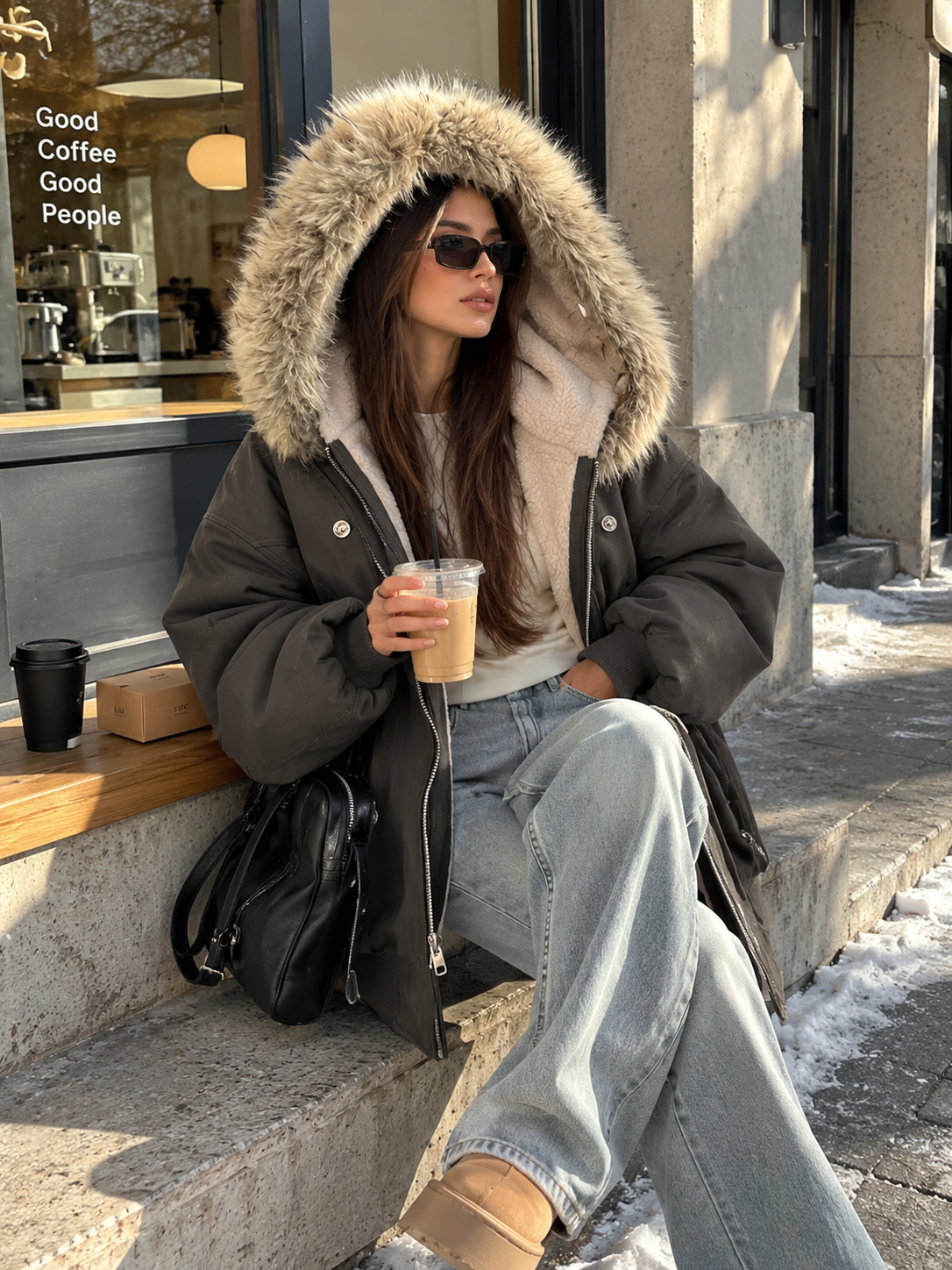 Mathilde padded fur-hood parka with plush hood lining, zip front and faux-fur trim, black
