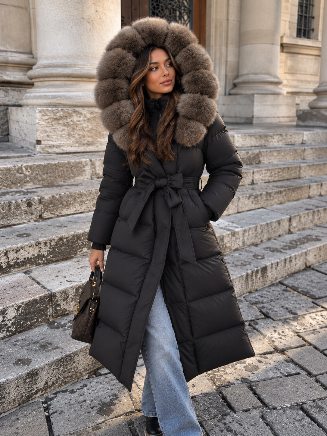 Black belted long puffer coat with oversized fur-trimmed hood and quilted panels
