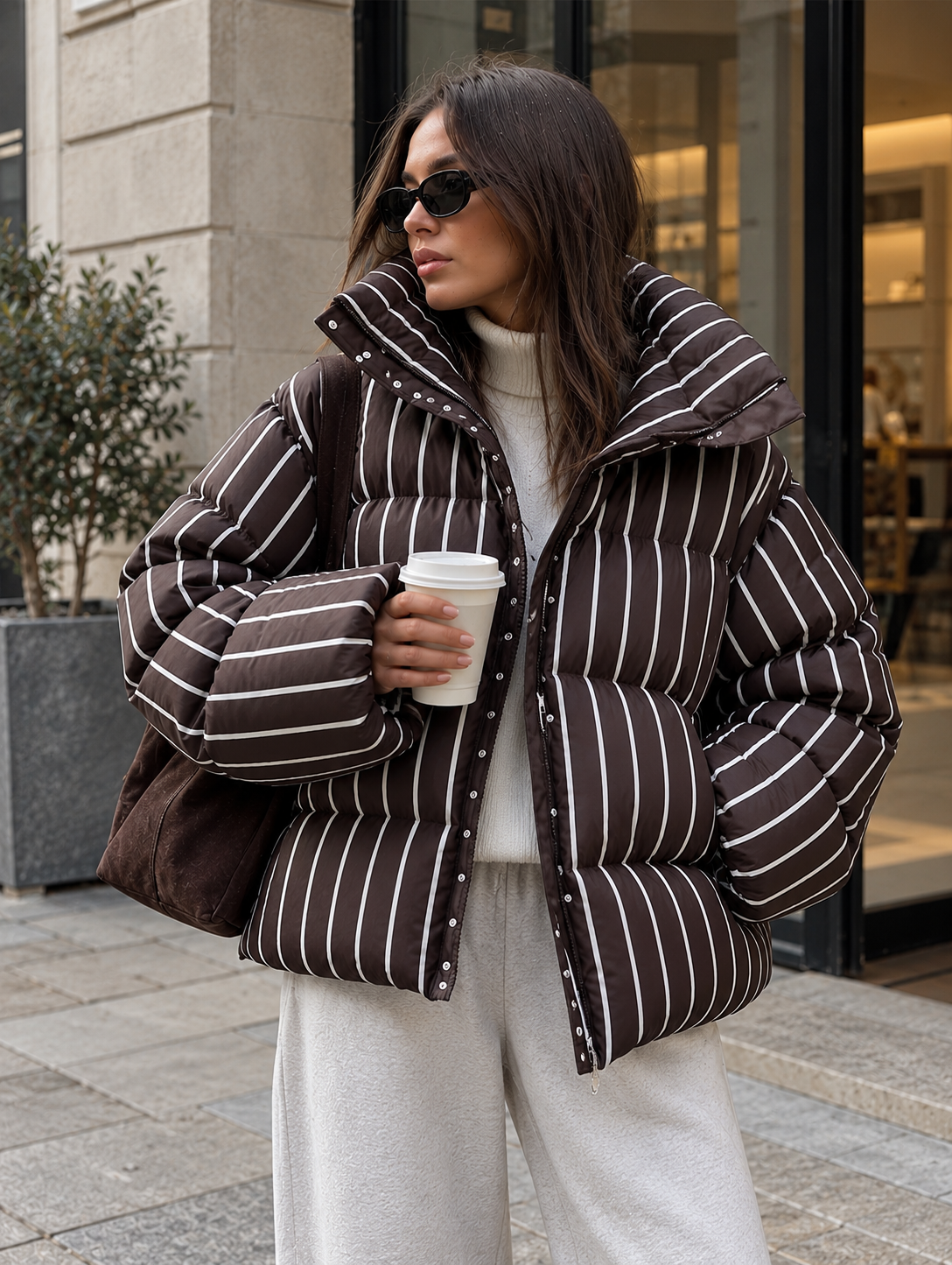 Black and white striped hooded padded jacket with full zipper and quilted texture