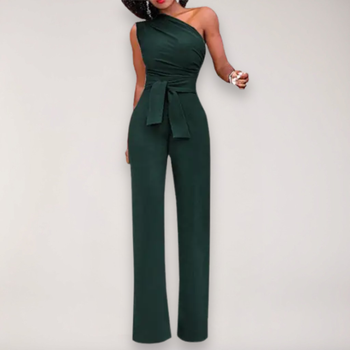 Dark green one-shoulder draped jumpsuit with tie waist and wide-leg pants