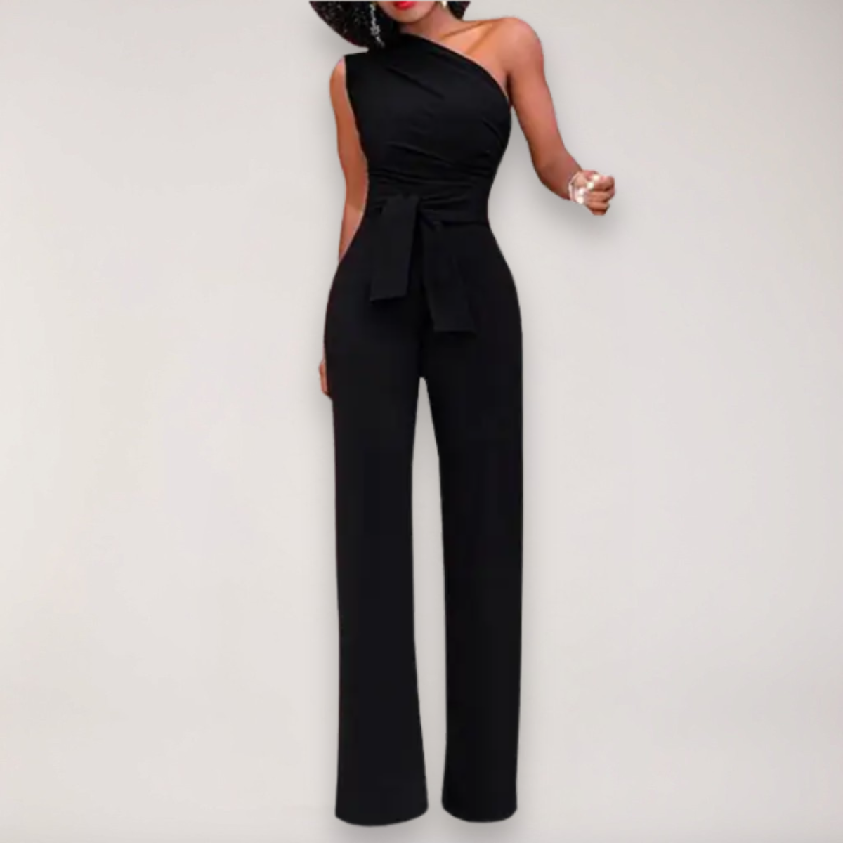 Black one-shoulder draped jumpsuit with tie waist and wide-leg pants