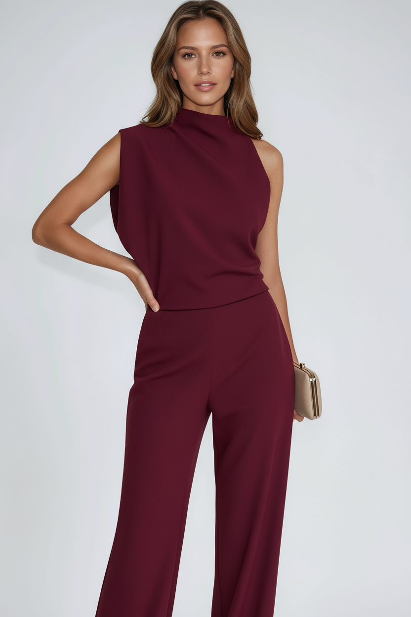 Wine red women's asymmetric one-shoulder tailored jumpsuit with draped bodice, wide legs