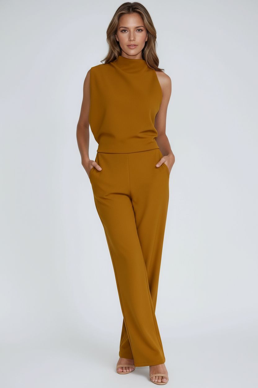 Women's asymmetric one-shoulder tailored jumpsuit in mustard yellow, sleeveless with slim legs
