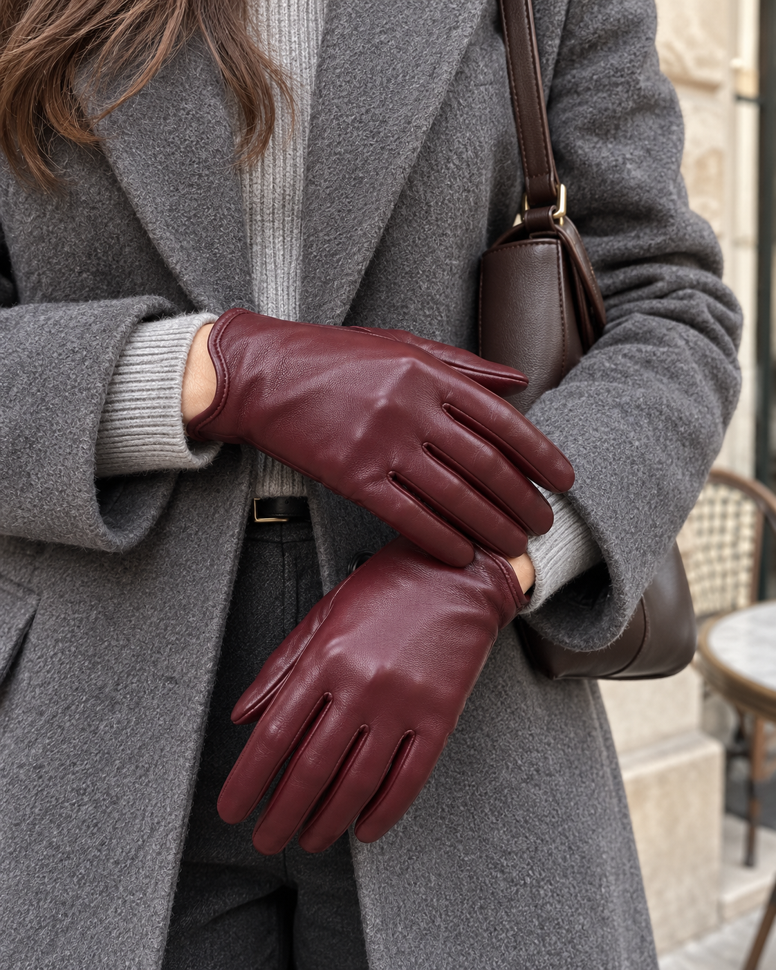 Burgundy leather winter gloves with five stitched fingers and smooth, fitted shape