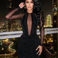 Black long-sleeve mesh dress with sparkly stripes and fuzzy plush mini skirt