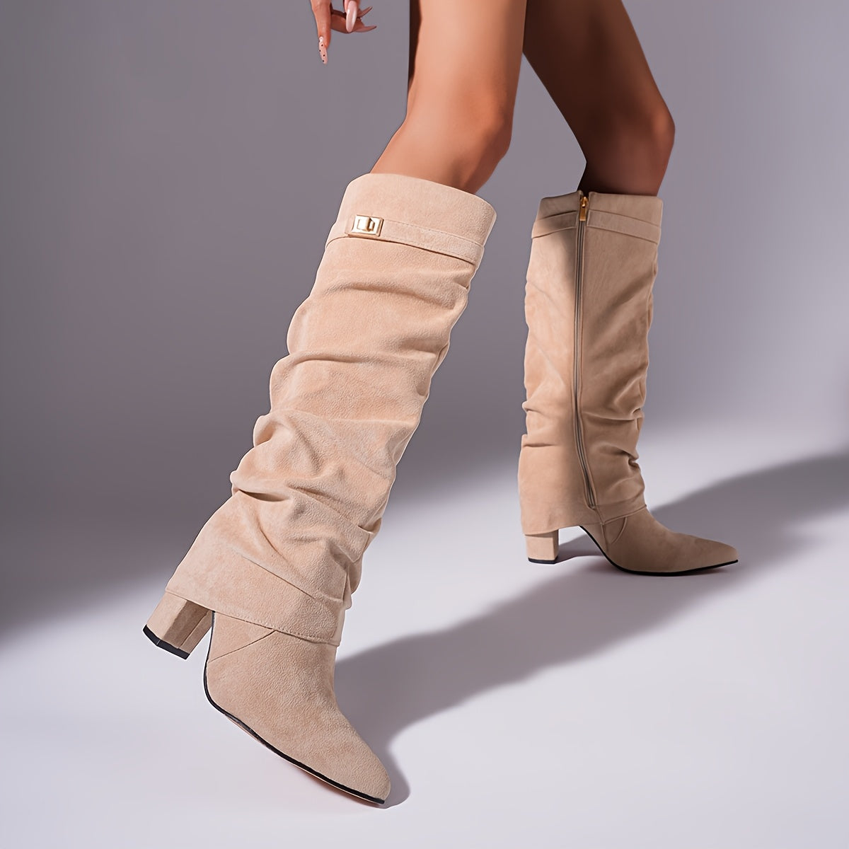 Off-white tall boots with ruched sides, pointed toe, chunky heel, side zipper