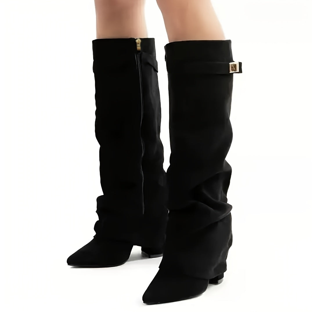 Black over-the-knee boots with square buckle detail, pointed toe, chunky heel, side zipper