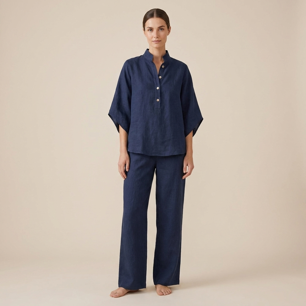 Dark blue linen two-piece set with button-front tunic and wide-leg pants