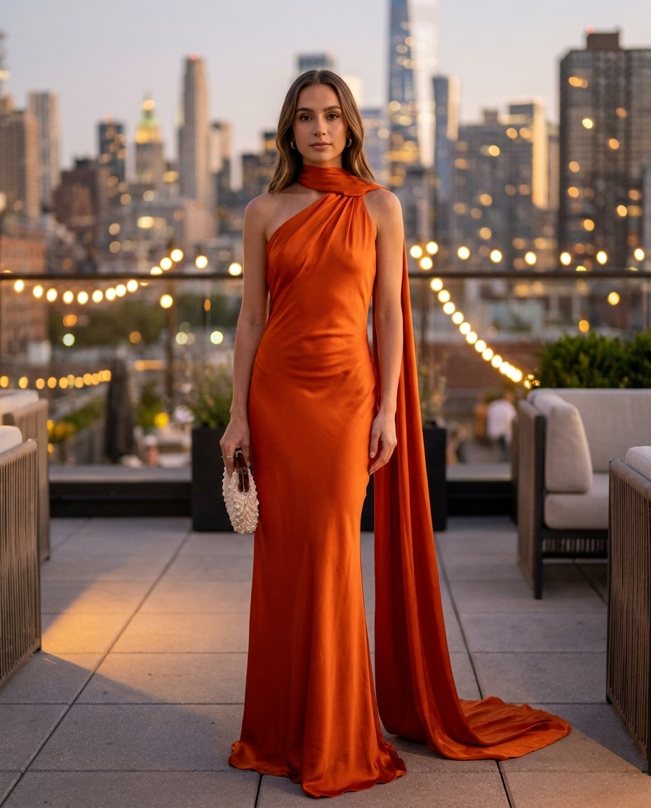 Orange satin halter cocktail dress with side drape and open back