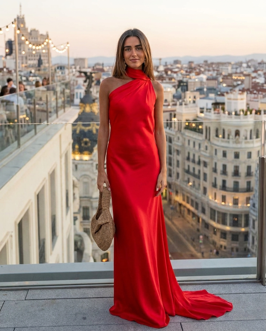 Red satin halter maxi dress with long side drape and high neck