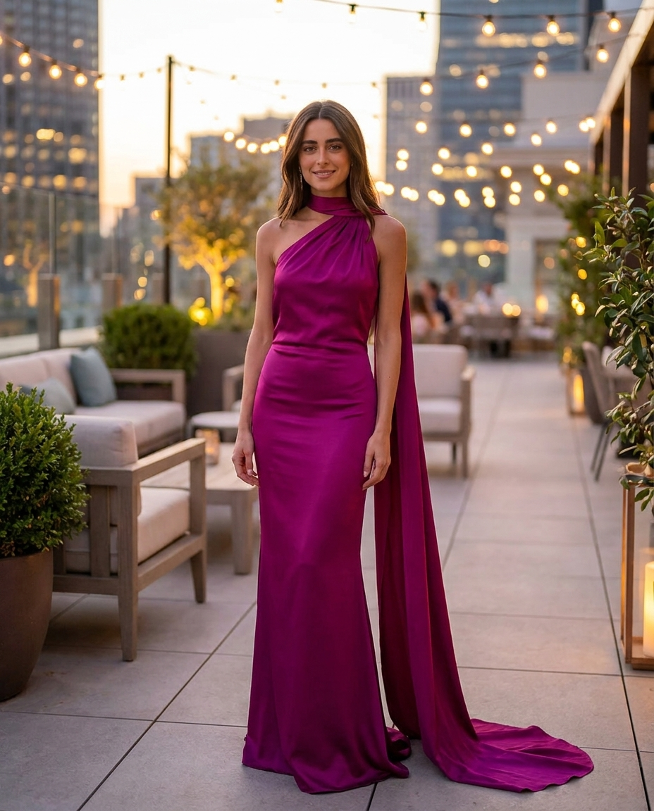 Magenta satin halter maxi dress with draped neck detail and long side sash