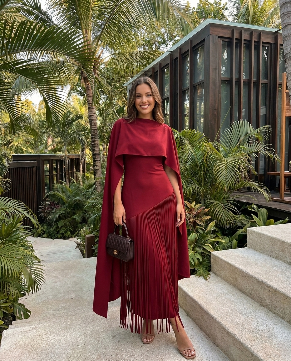 Burgundy cape-fringe maxi gown with draped cape sleeves and tassel fringe skirt