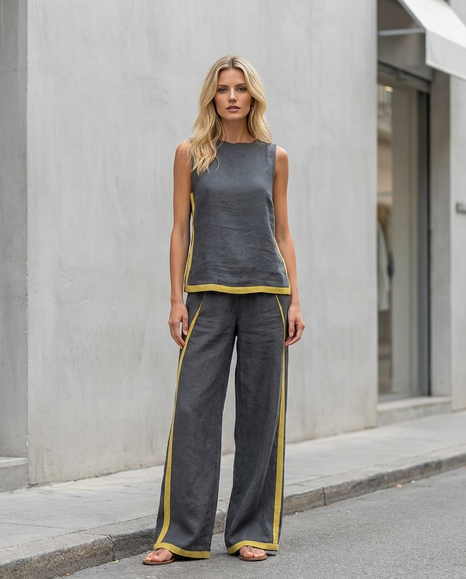 Layla Flow two-piece set with gray sleeveless top and wide-leg pants, contrast yellow piping
