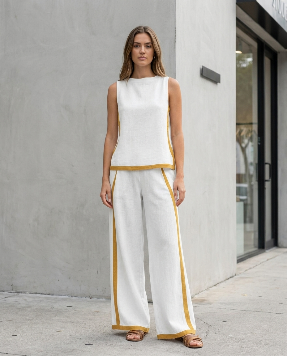 Layla Flow two-piece set with white sleeveless top and wide-leg pants, contrast mustard piping