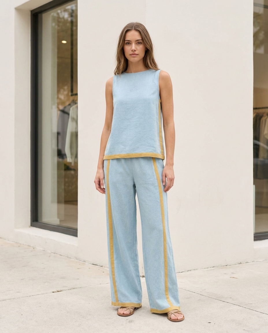 Layla Flow two-piece set with light blue sleeveless top and wide-leg pants, contrast trim piping