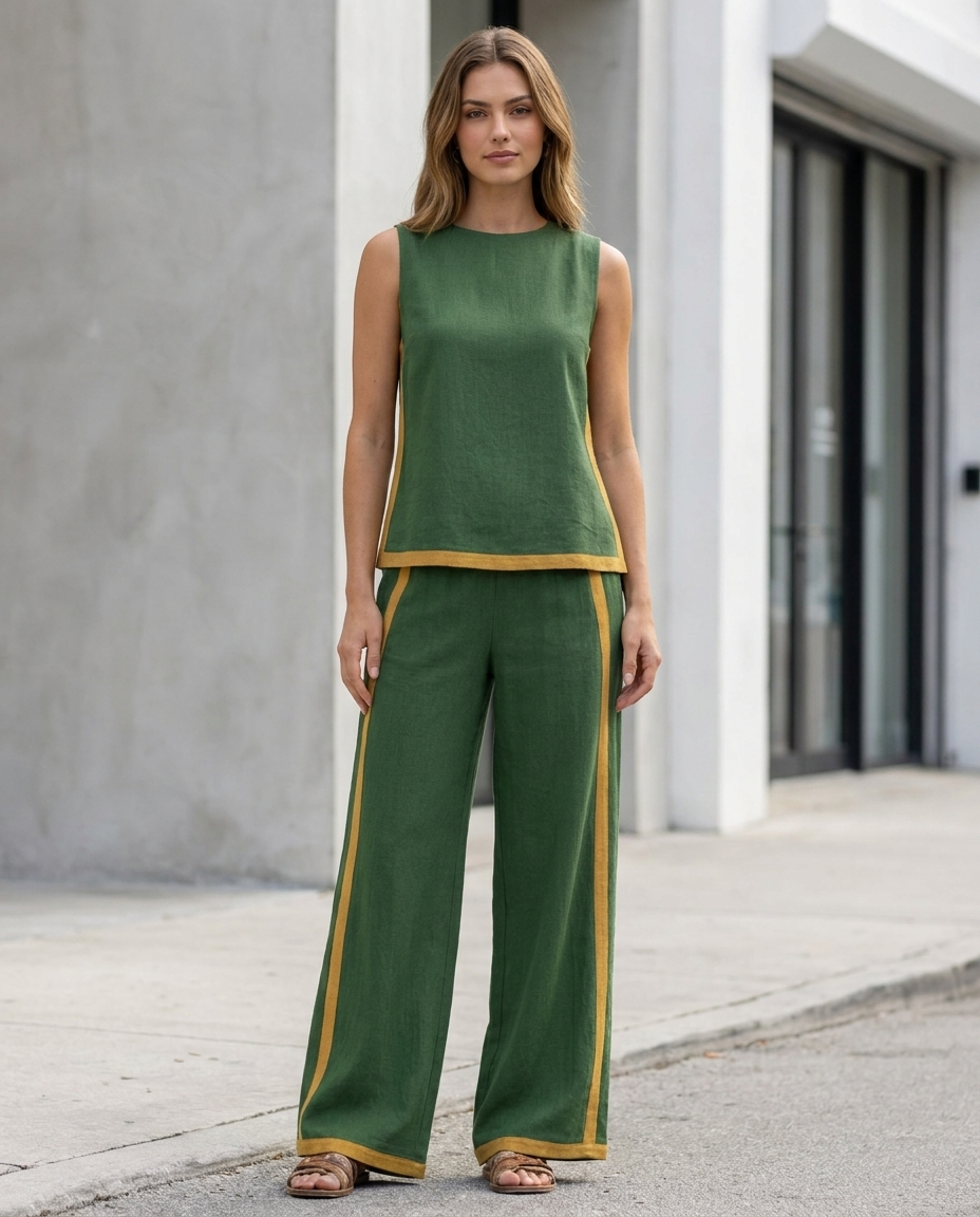 Layla Flow two-piece set with green sleeveless top and wide-leg pants, contrast trim piping