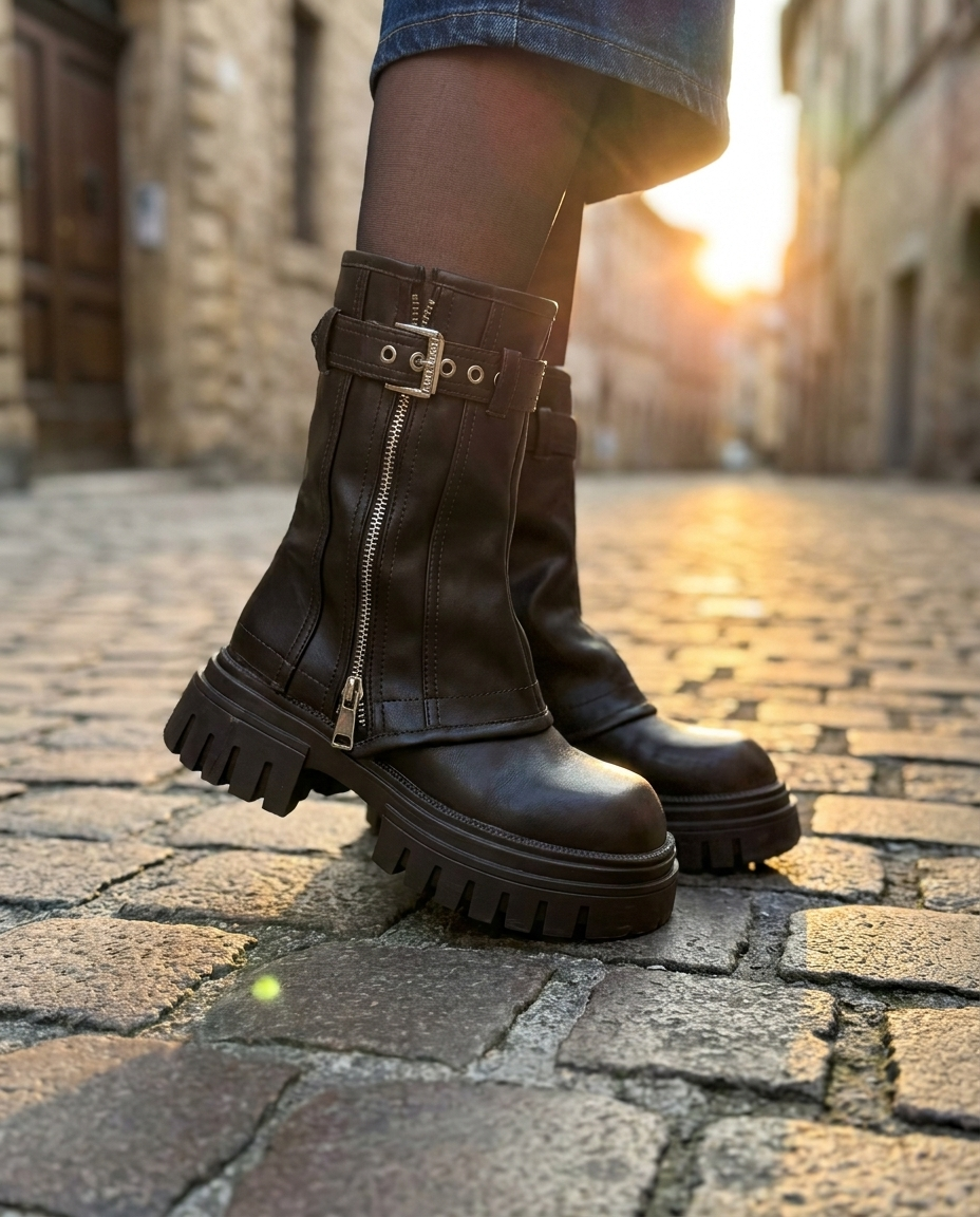 Black platform ankle boots with buckle straps and side zipper