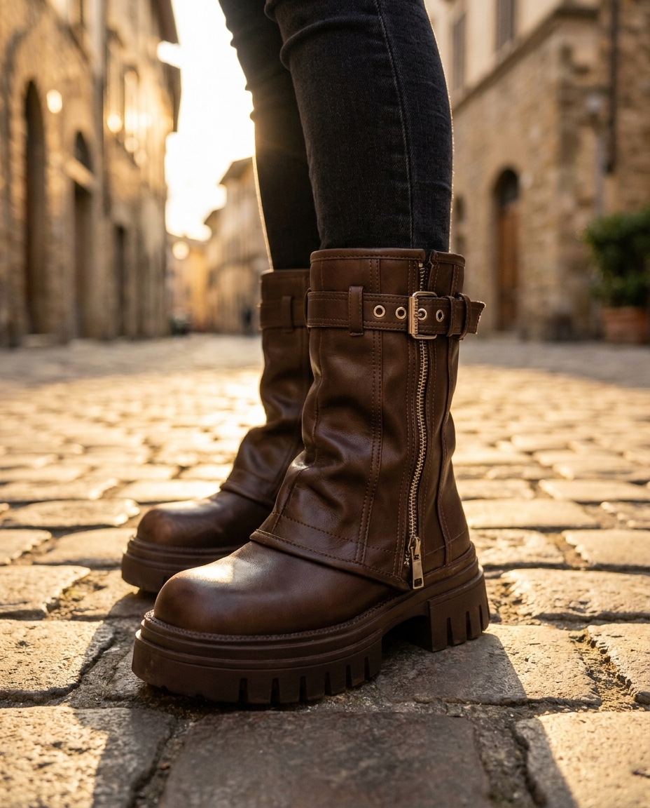Brown platform ankle boots with double buckle strap and side zipper