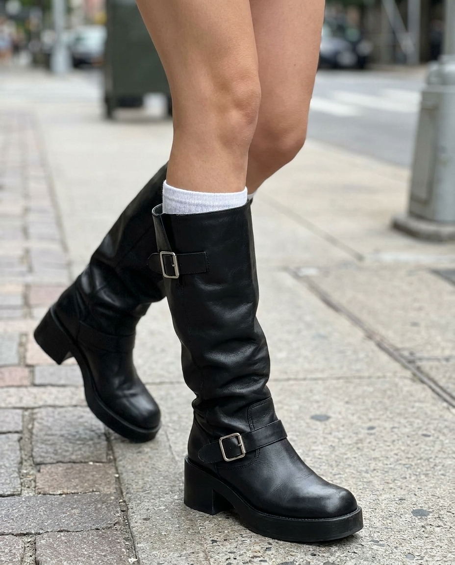 Black knee-high platform boots with buckled straps and block heel