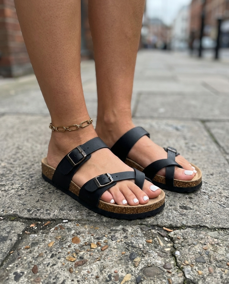 Black platform sandal with two adjustable buckle straps and open toe