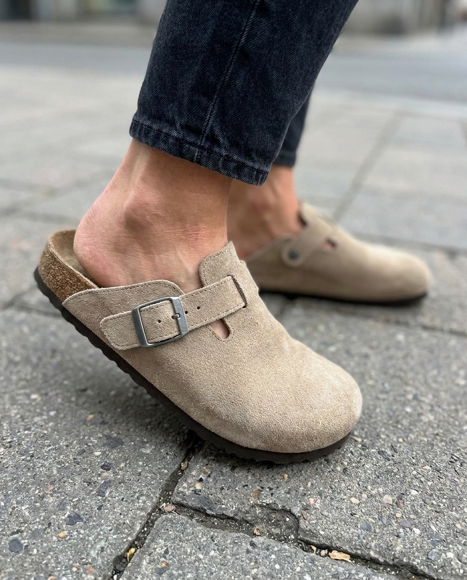Suede buckle clog in light sand with metal buckle strap, worn with dark socks.