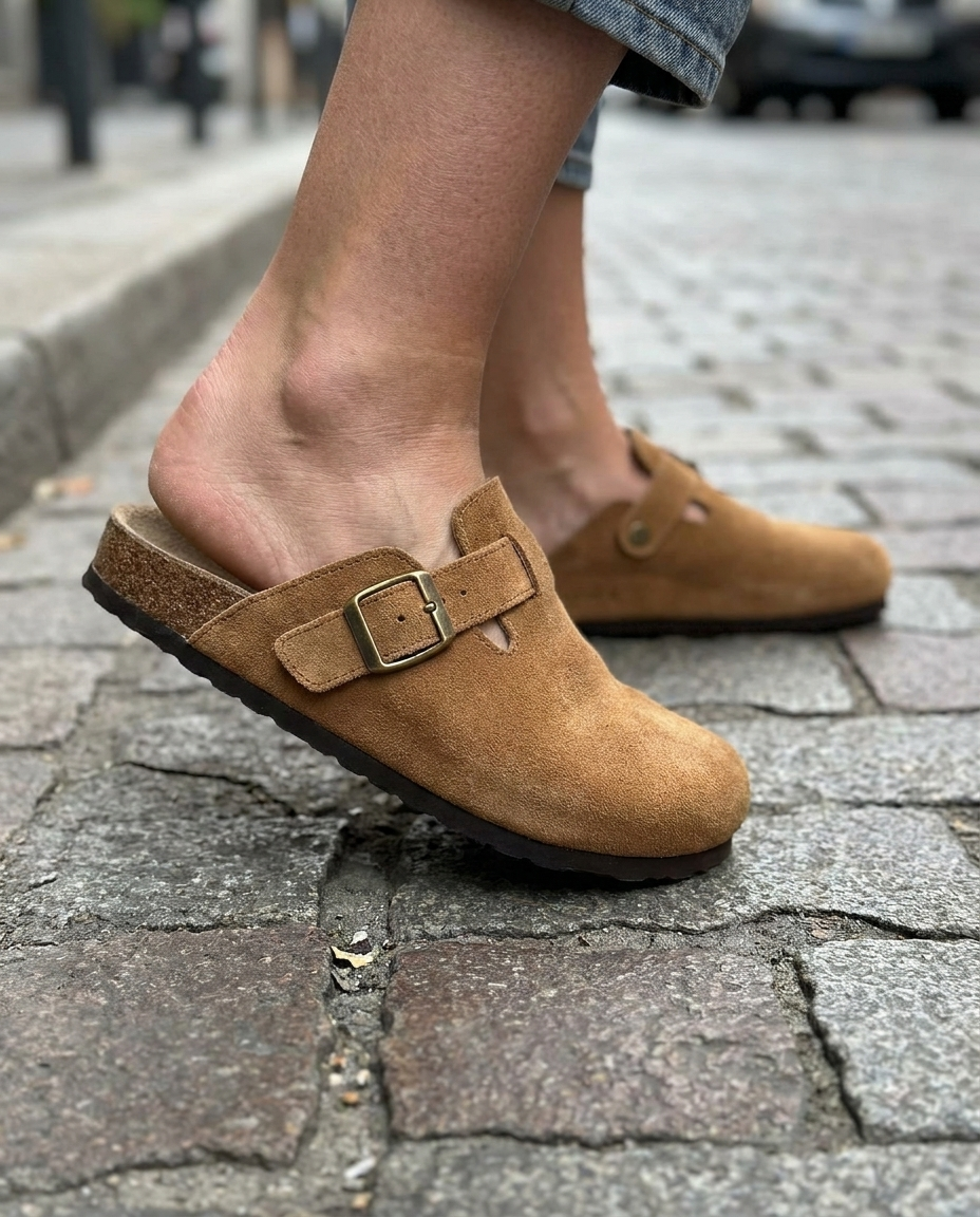 Suede buckle clog in warm brown with metal buckle strap, worn with jeans hem.