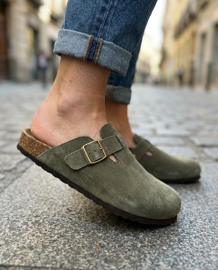 Suede buckle clog in dark green with metal buckle strap, worn on city pavement.