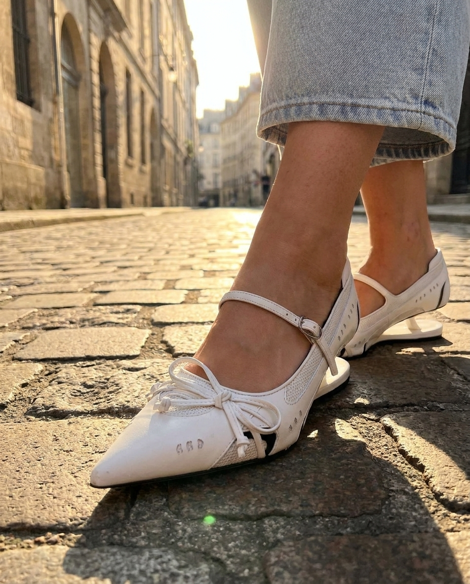 White Mary Jane flats with pointed toe, ankle strap, and ribbon bow detail