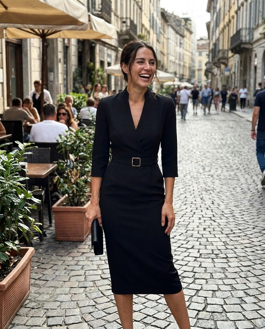 Black belted bodycon midi dress with V-neck and square buckle belt