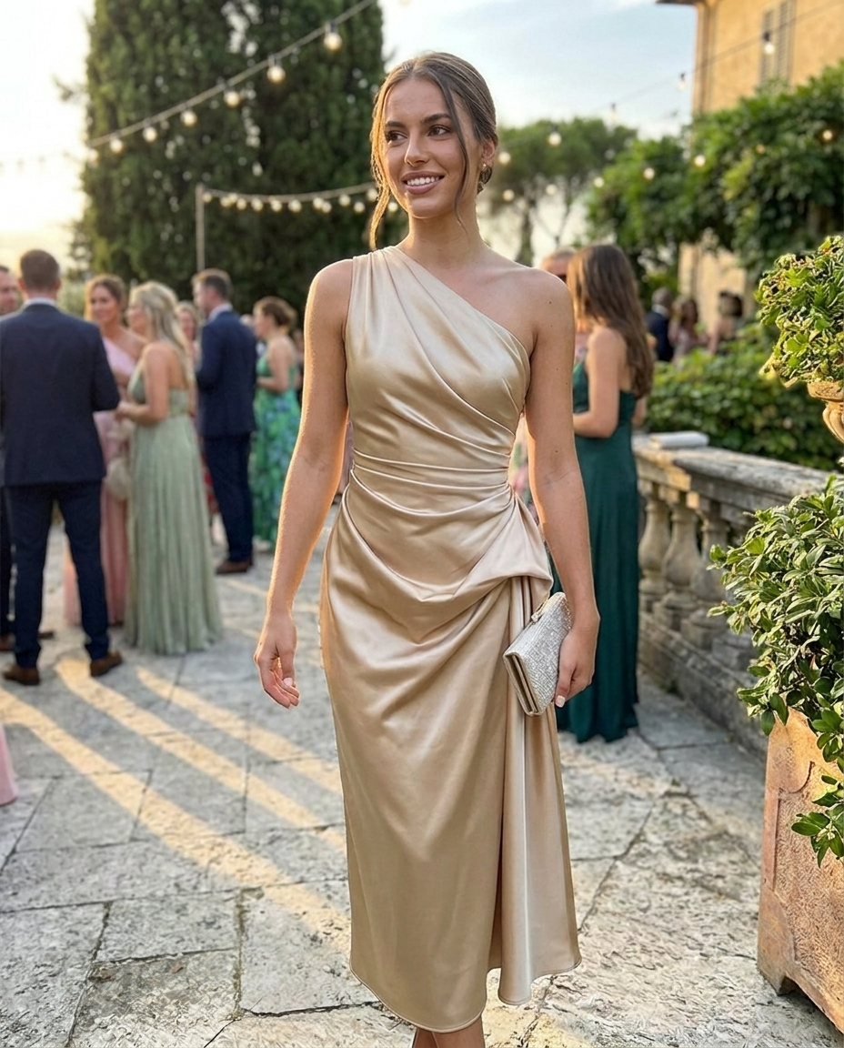One-shoulder ruched midi dress in gold satin with draped waist detail