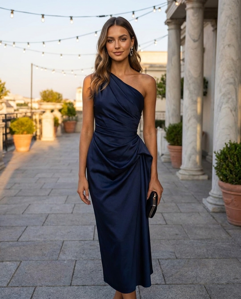One-shoulder ruched midi dress in dark navy satin with gathered drape
