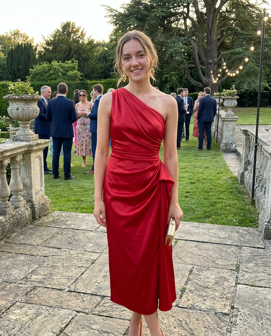 One-shoulder ruched midi dress in red satin with draped waist detail