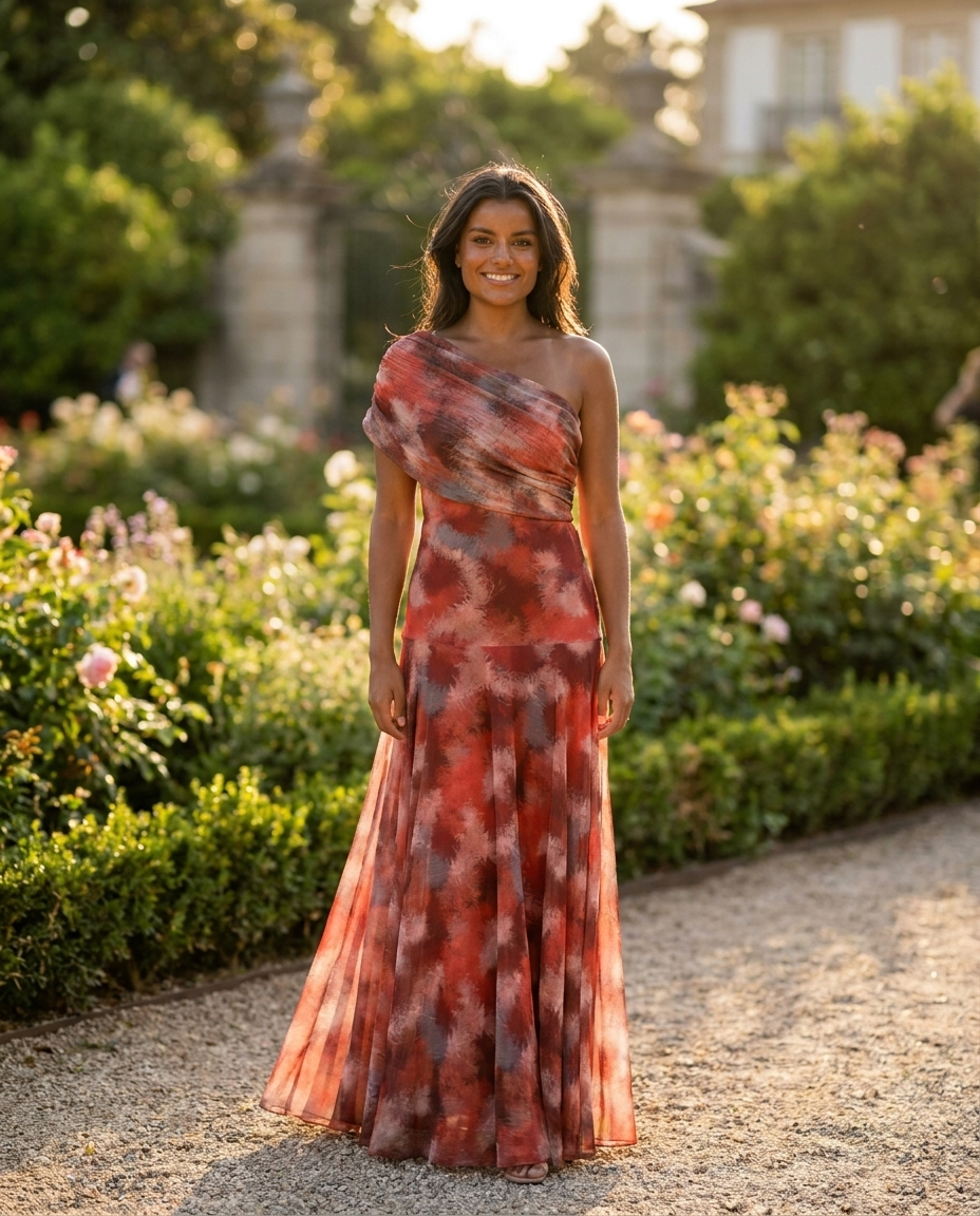 Orange-red tie-dye one-shoulder sheath maxi dress with off-shoulder neckline