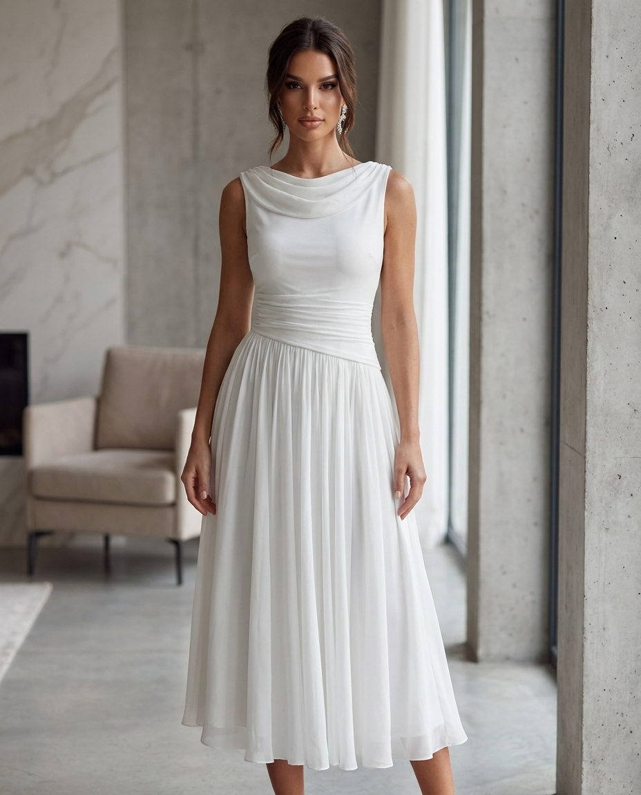 White draped neck pleated midi dress with sleeveless cowl neckline and full pleated skirt