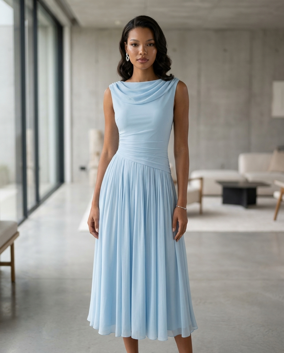 Sky blue draped neck pleated midi dress with sleeveless cowl neckline and flared pleated hem