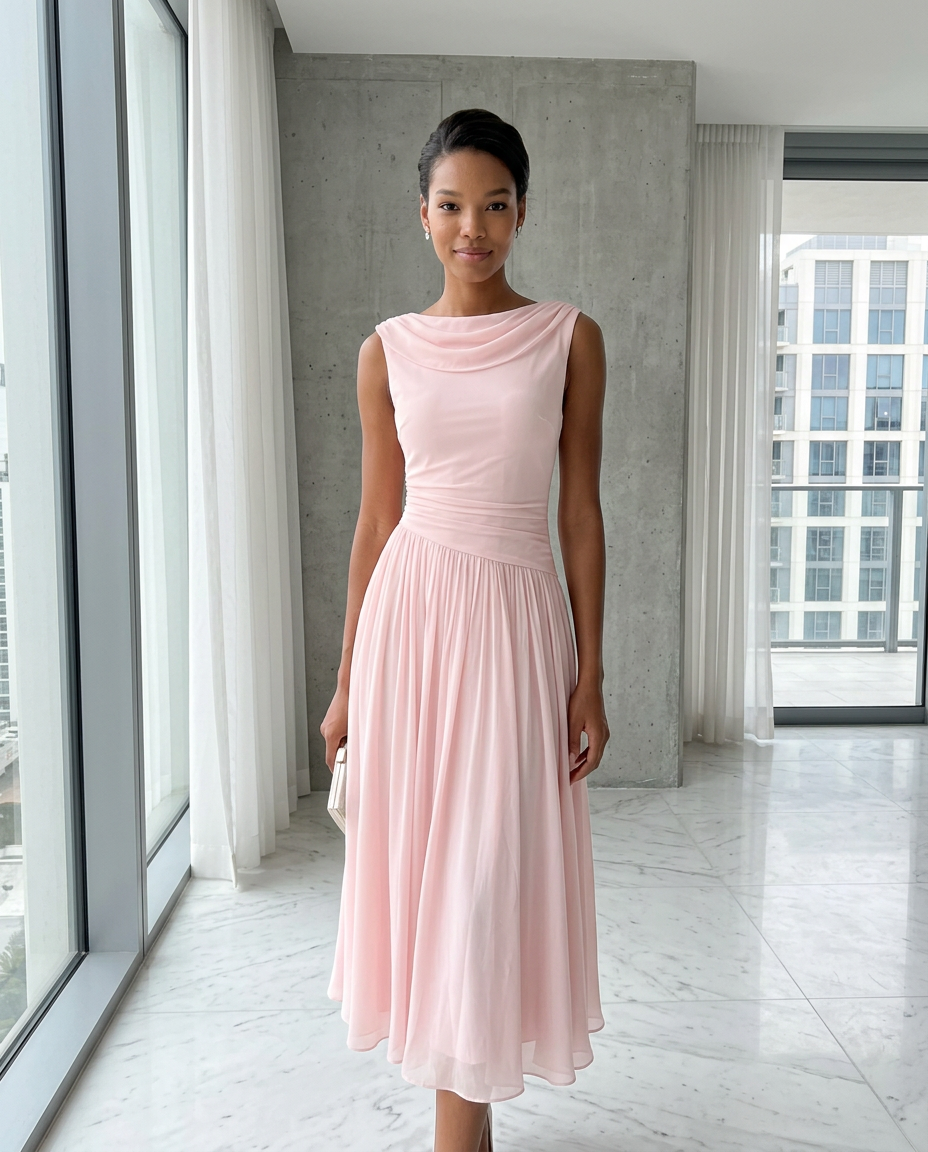 Pink draped neck pleated midi dress with sleeveless cowl neckline and soft pleated skirt