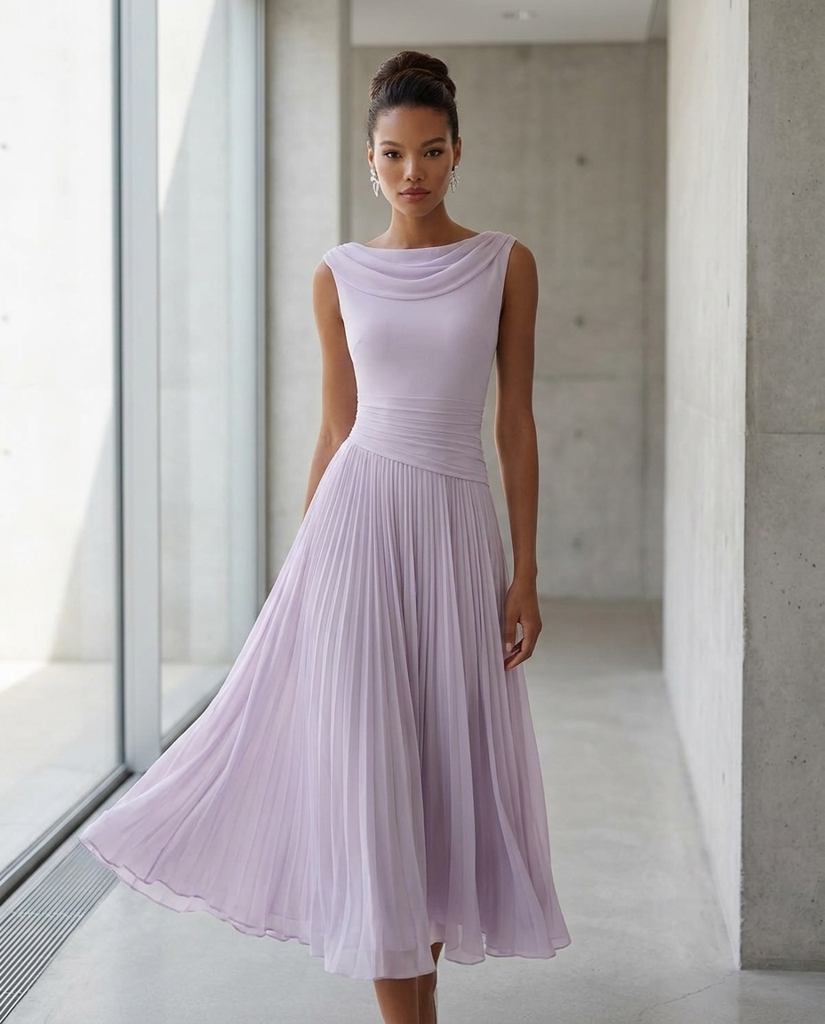 Lavender draped neck pleated midi dress with sleeveless cowl neckline and gathered pleats