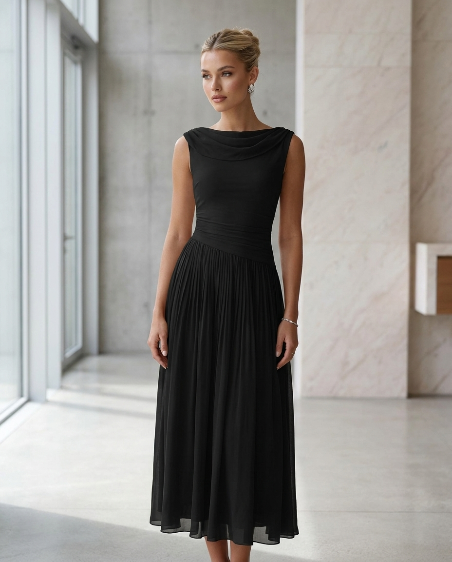 Black draped neck pleated midi dress with sleeveless high cowl neckline and gathered skirt