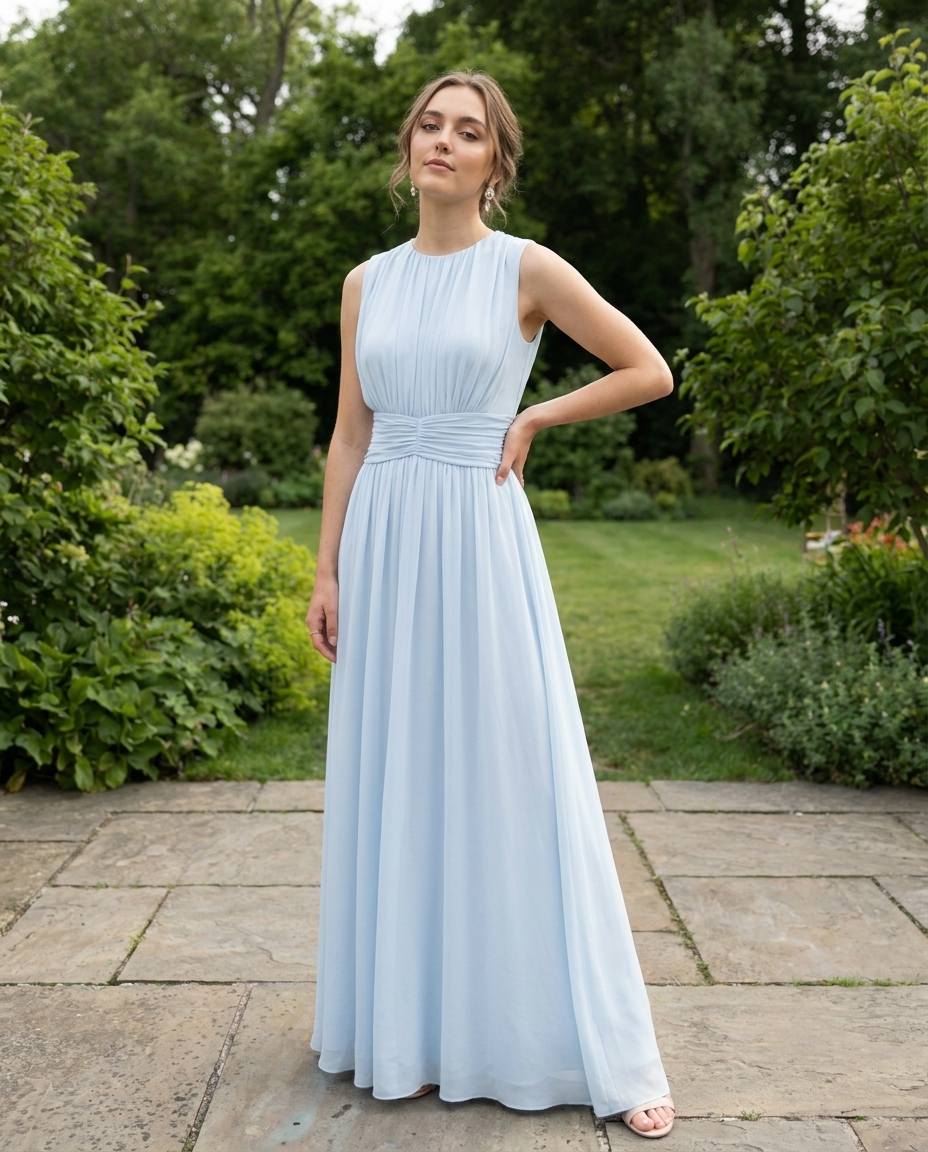 Light blue sleeveless maxi A-line dress with ruched bodice and gathered waist