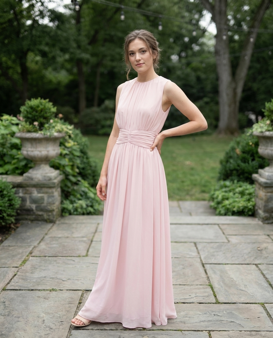 Light pink sleeveless maxi A-line dress with ruched bodice and gathered waist