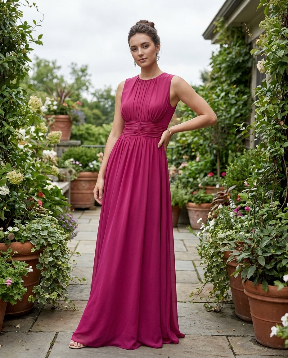 Dark pink sleeveless maxi A-line dress with ruched bodice and gathered waist
