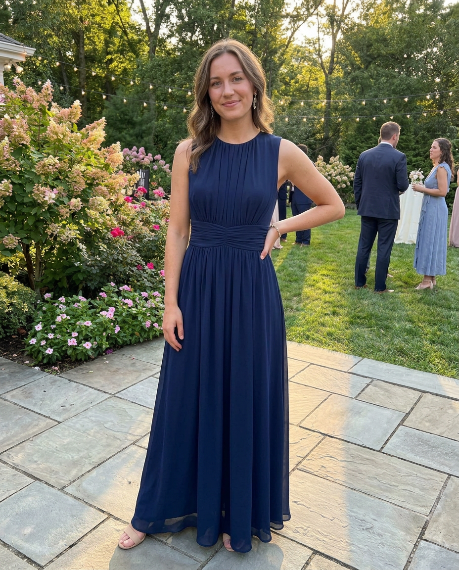 Navy blue sleeveless maxi A-line dress with ruched bodice and gathered waist