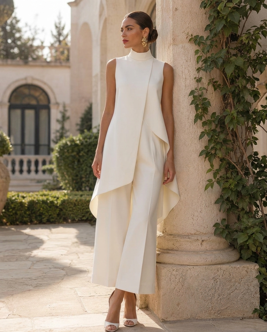 Off-white high-neck wide-leg co-ord set: sleeveless high neck with asymmetrical drape, wide legs.