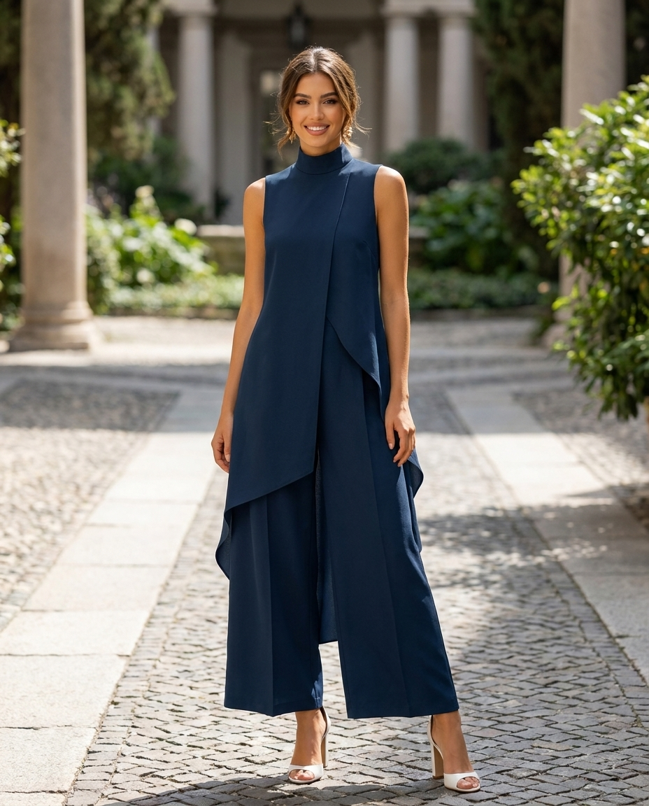 Navy high-neck wide-leg co-ord set with sleeveless draped top and wide-leg trousers.