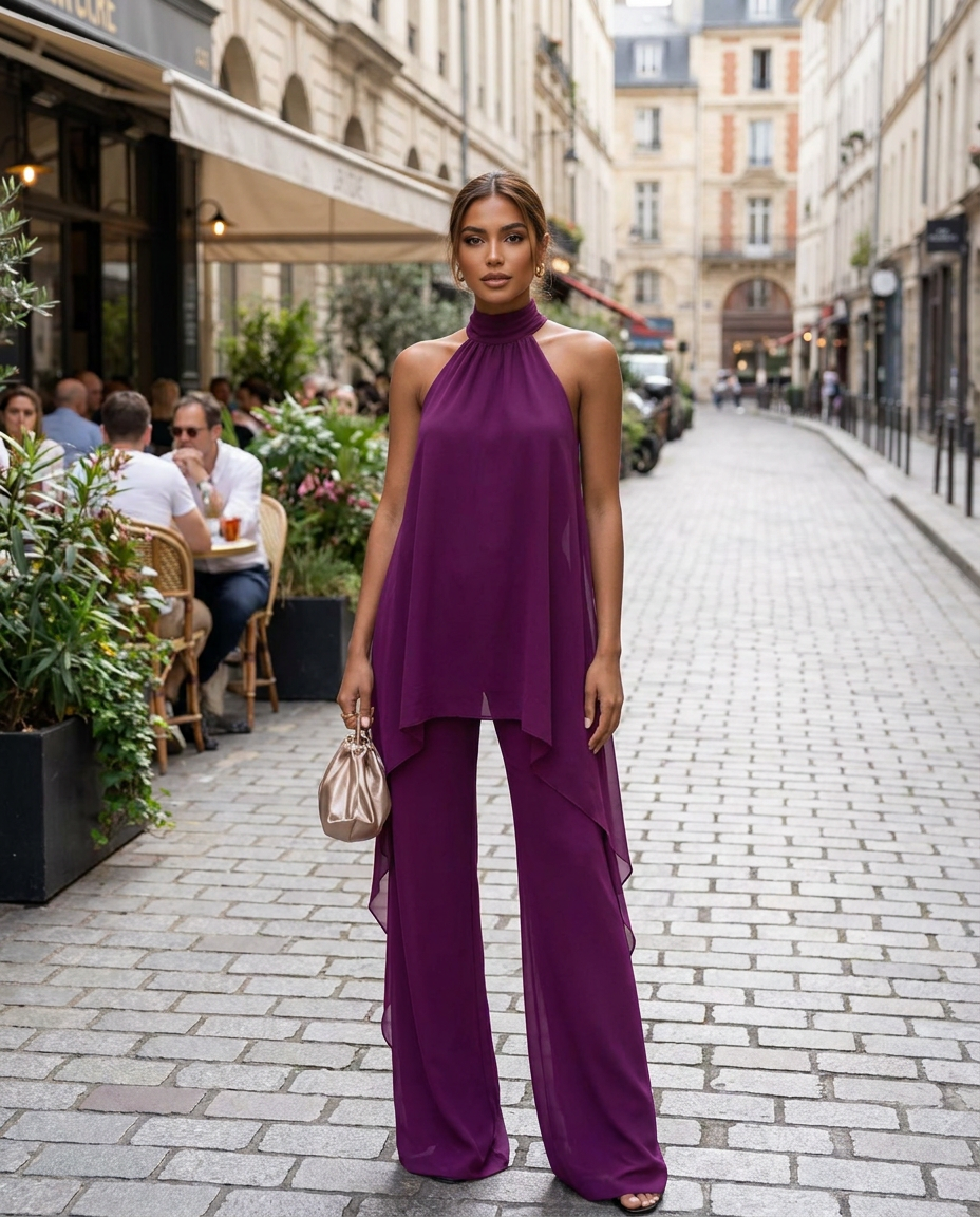 Purple halter co-ord set: sleeveless draped tunic top with wide-leg flared trousers