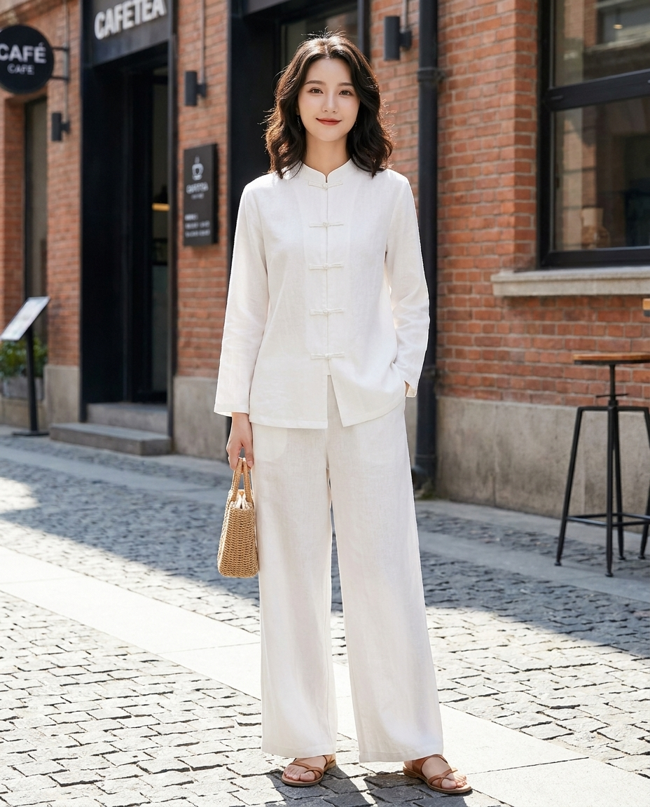 White linen mandarin-collar blouse with front buttons and long sleeves