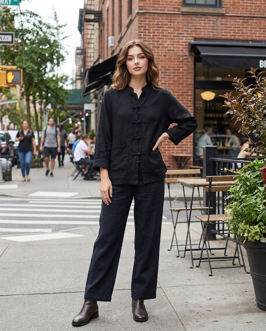 Black linen mandarin-collar blouse with button front and long sleeves
