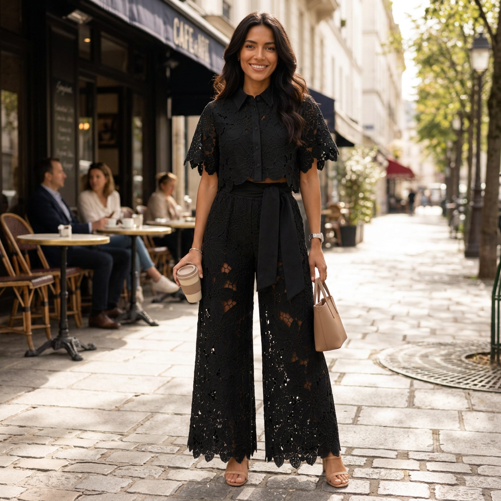 Black lace two-piece set with short cape sleeves and wide-leg pants, belted waist